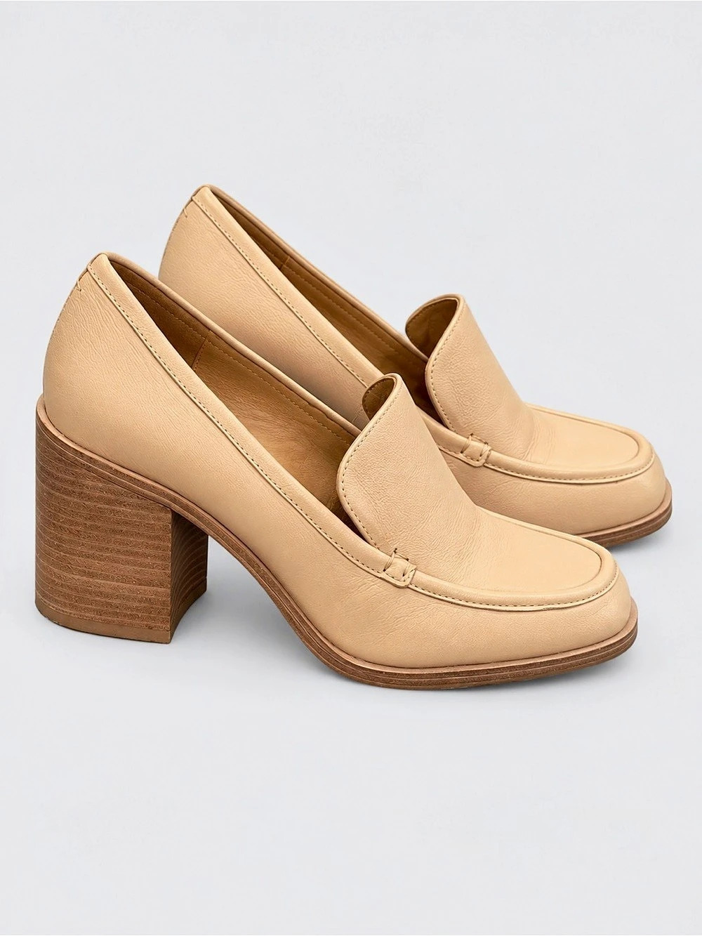 Crown Vintage Leather-Style Block Heel Loafers in Brown US 8.5 M